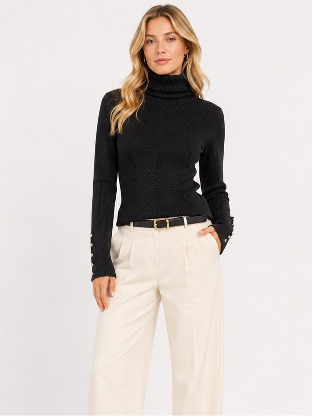 White House Black Market Black Turtleneck Cable-Knit Sweater
